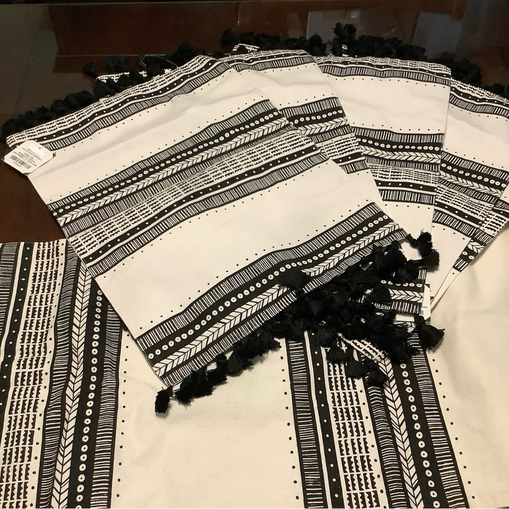 Boho Black and White Patterned Table Runner and Placements